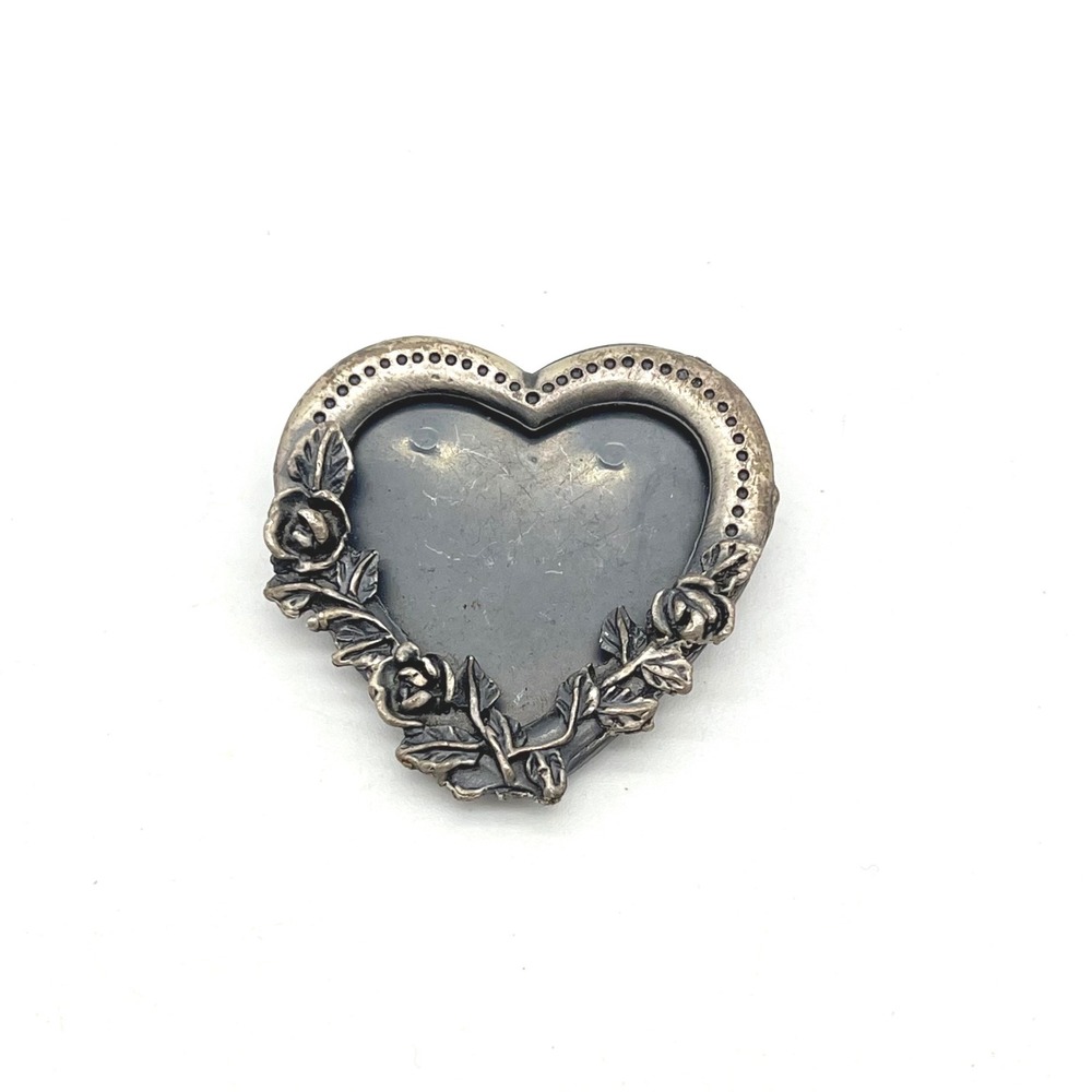 Heart Shape Floral Picture Frame Brooch Pin Vintage Silver Tone Filigree Accent